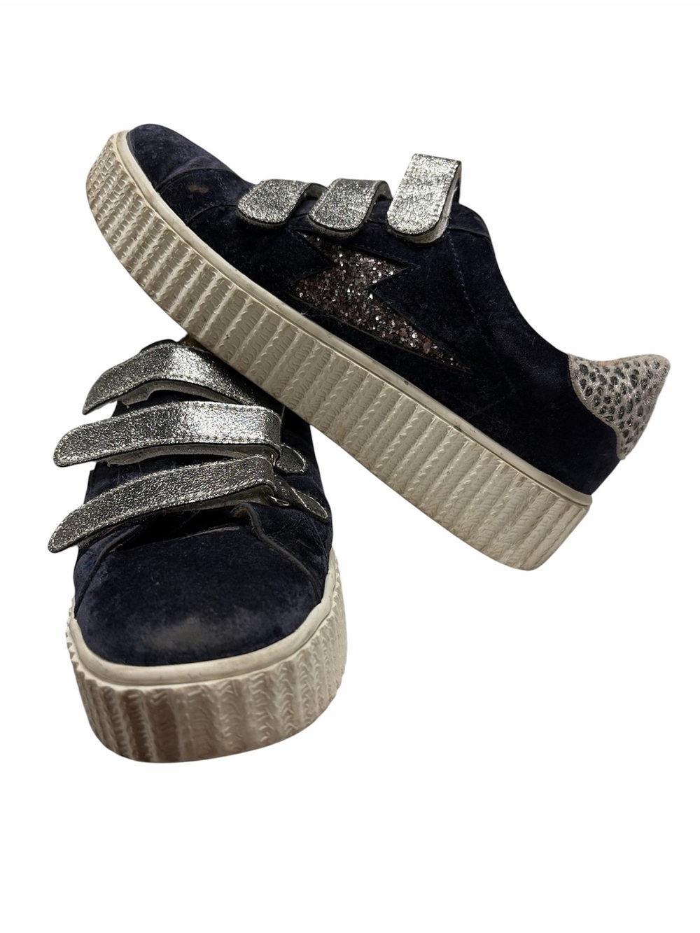 Navy Suede Platform Sneakers with Silver Glitter Straps - Picture 2 of 10
